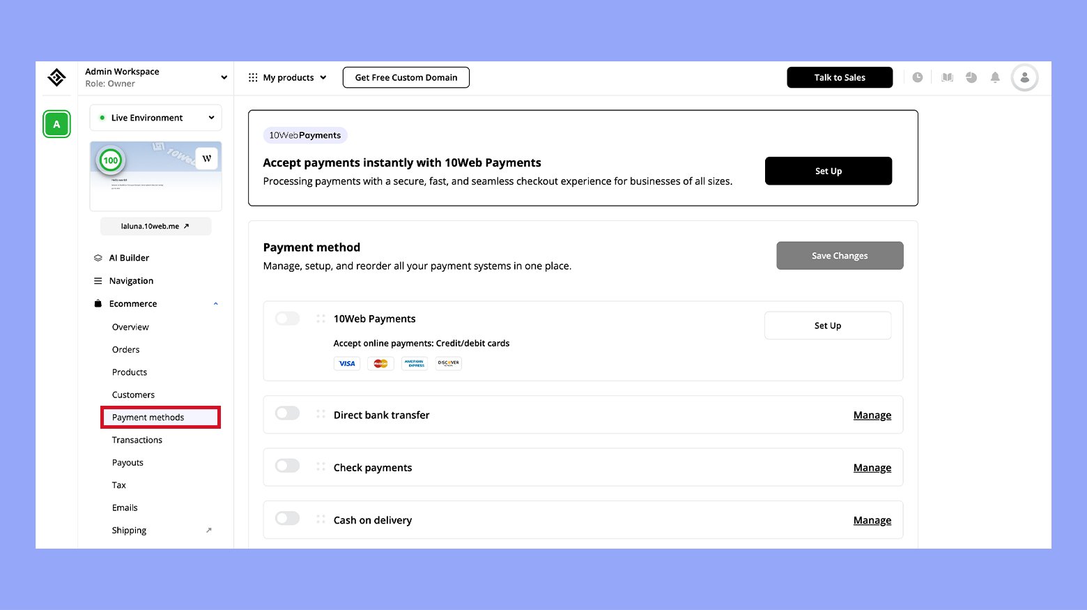 Setting up payment methods in 10Web dashboard