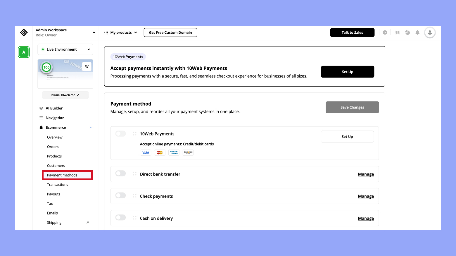 Setting up payment methods in 10Web dashboard