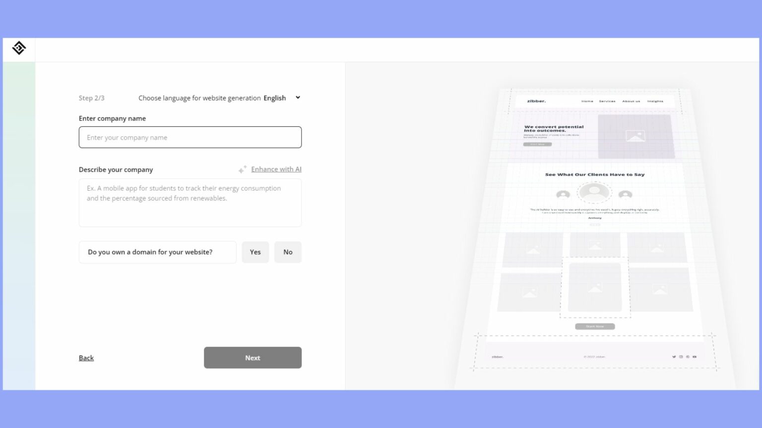 Generating a virtual assistant website with 10Web AI.