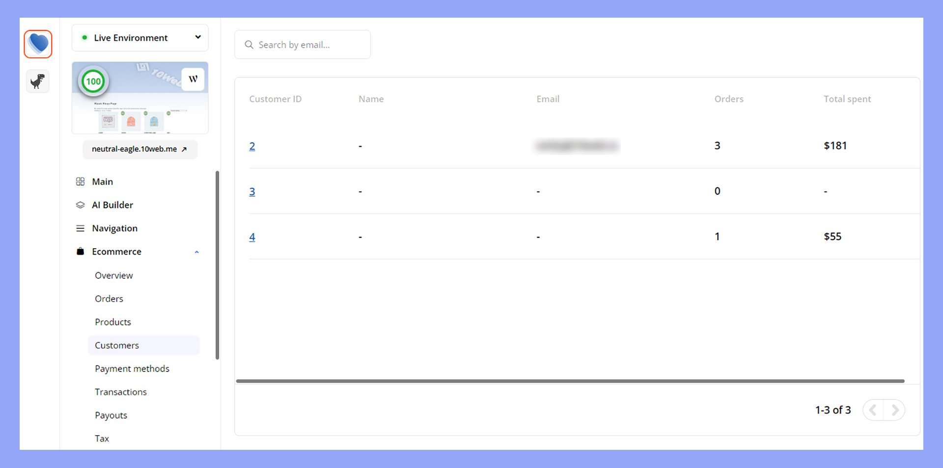 A WooCommerce store's customers in the 10Web dashboard.