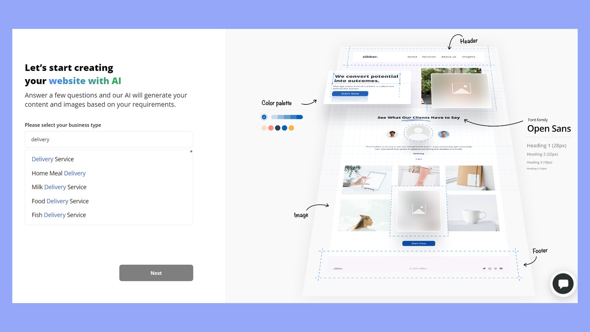Using the 10Web Website Builder to generate a delivery service website.