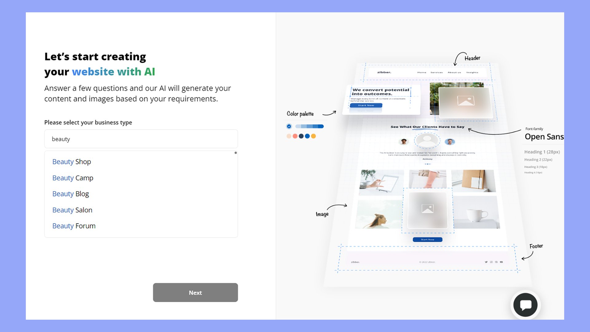 10Web's AI Ecommerce Website generator selecting a business type.