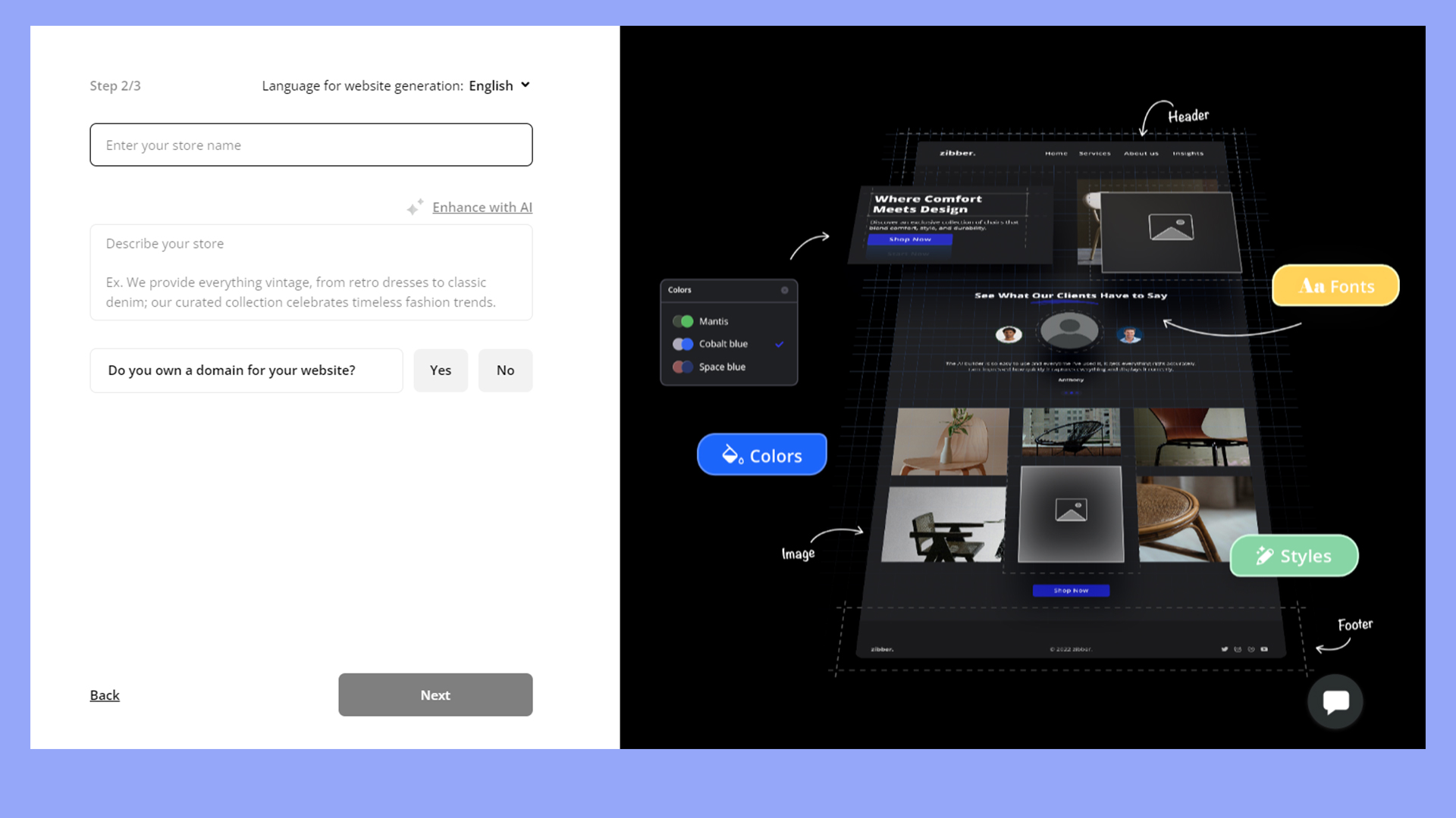 Describing a store to sell candles online to the AI Website Builder.