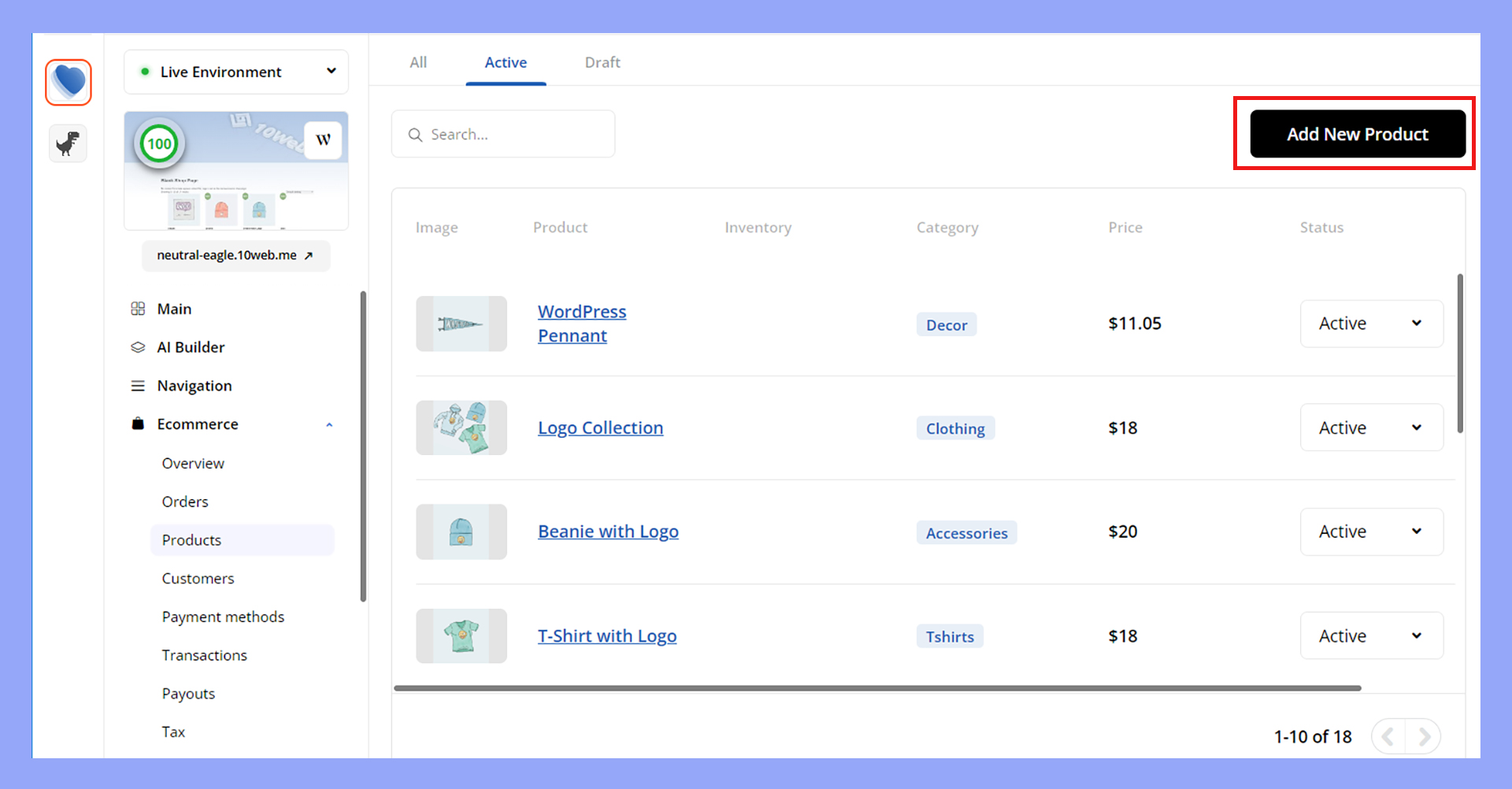 Adding a new WooCommerce product through the 10Web dashboard.