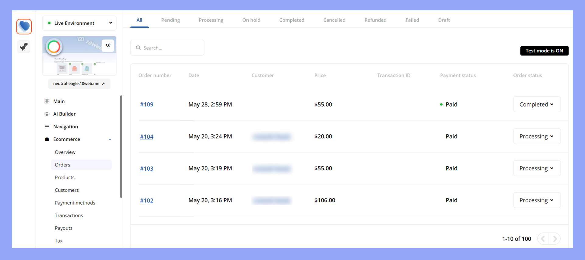 Managing WooCommerce orders in the 10Web dashboard.