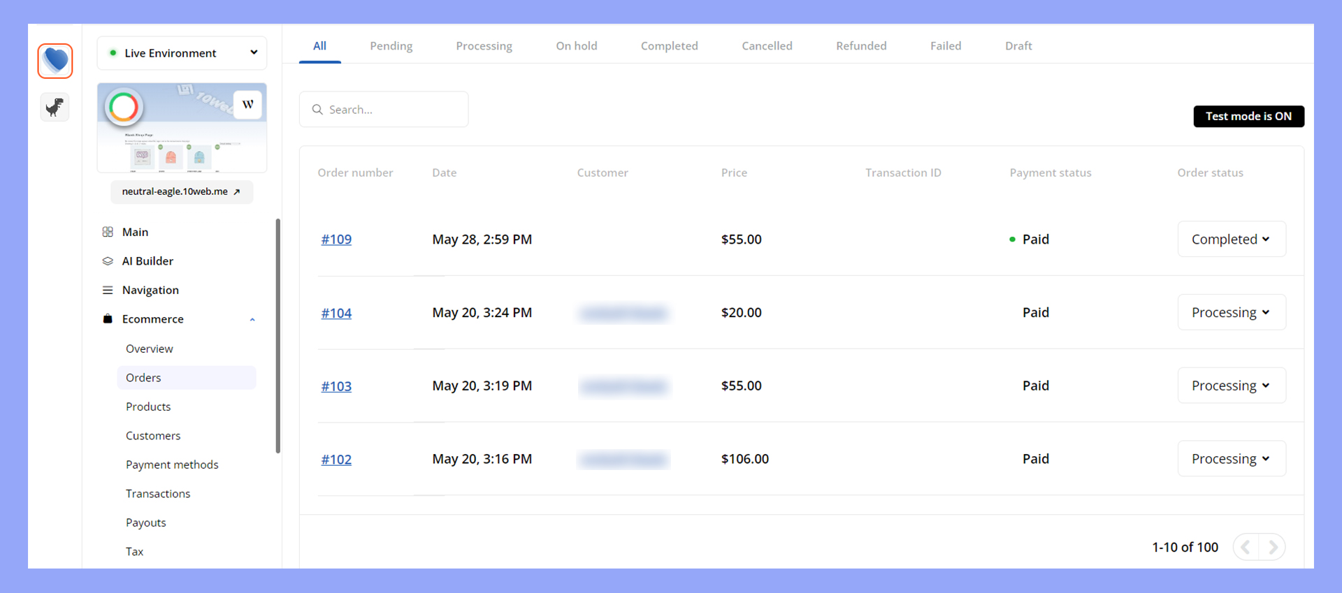 Managing WooCommerce orders in the 10Web dashboard.