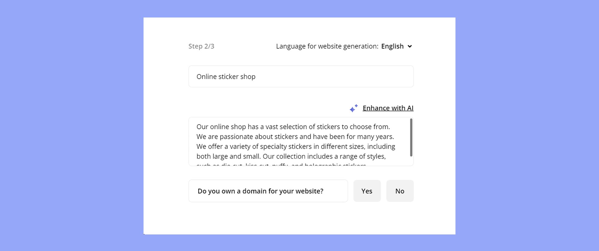 Describing the sticker shop to the AI Website Builder.