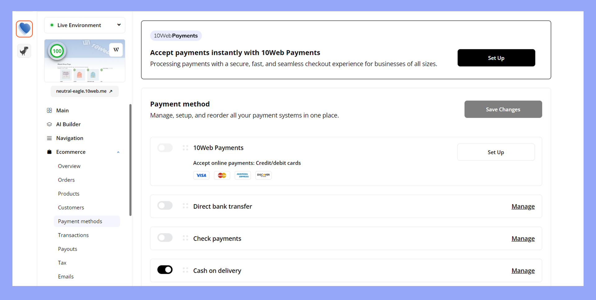 Configuring built-n payment methods for WooCommerce in the 10Web dashboard.
