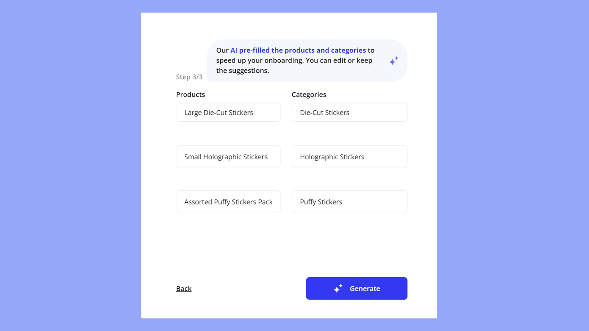 Reviewing the AI generated products and categories for an online sticker store.