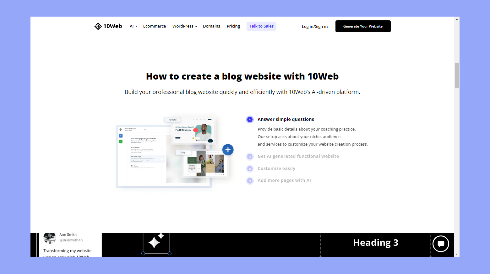 Creating and hosting a blog website on 10Web