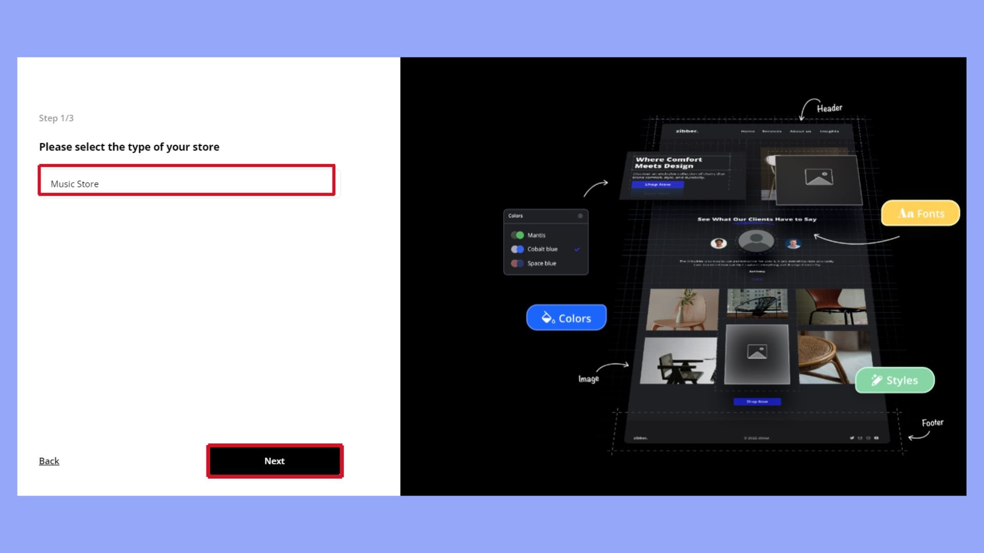 Choosing your business type to generate a website with 10Web