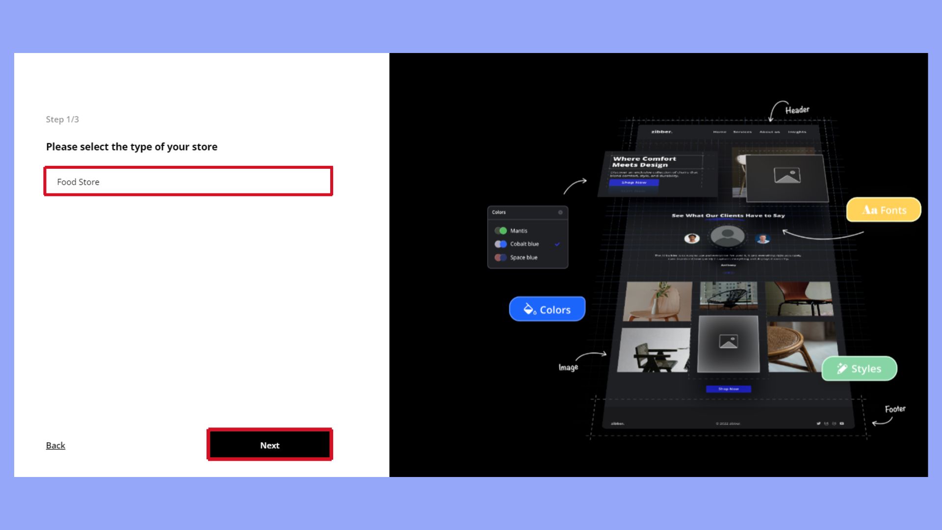 Selecting your business type for a food-selling website