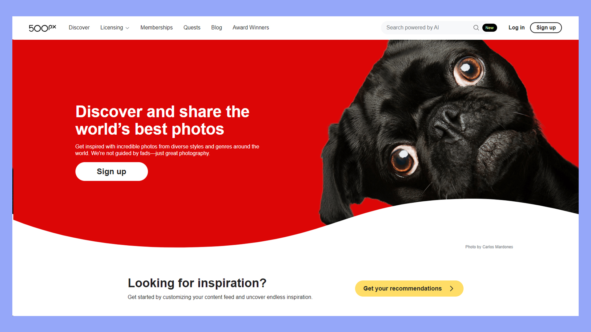 500px's website where users can host images.