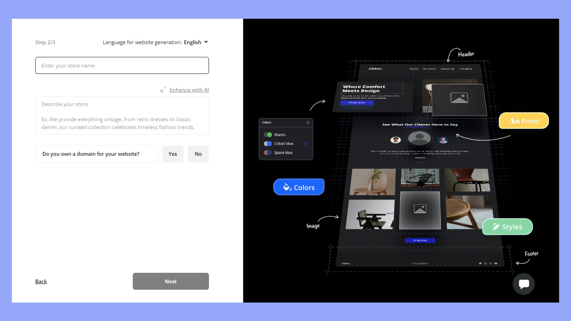 Describing a business that sells electronics online to the AI Website Builder.