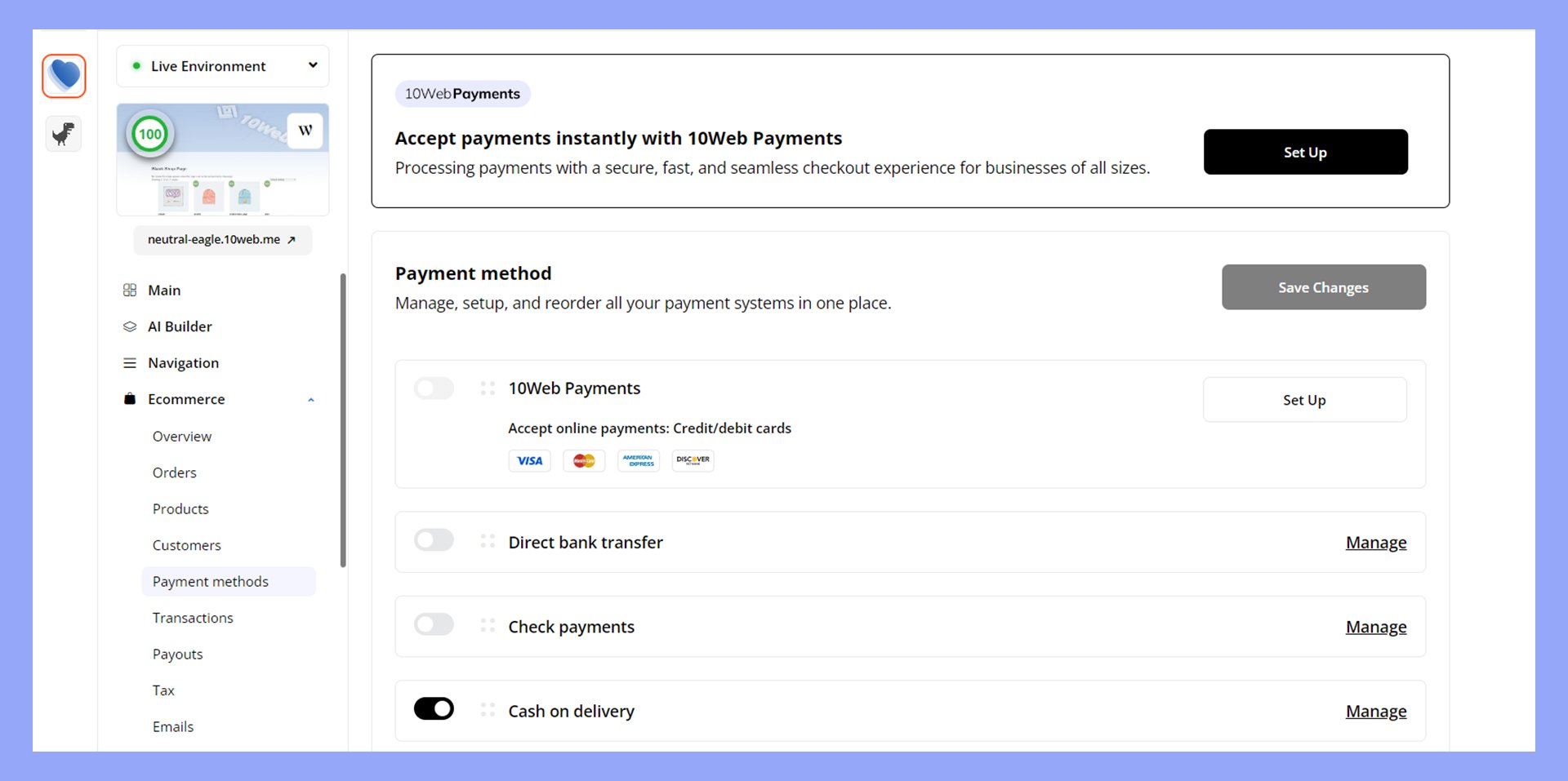 Managing payment gateways and methods in the 10Web dashboard.