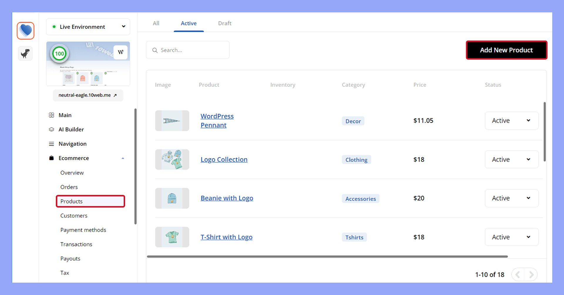Managing electronics products in the 10Web dashboard.