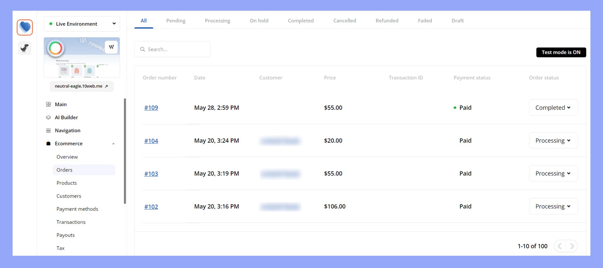 Managing orders in the 10Web dashboard.