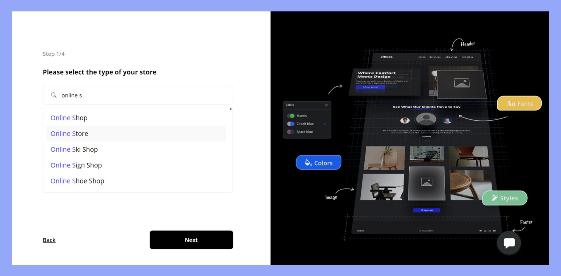 Selecting the type of store to sell merch online.