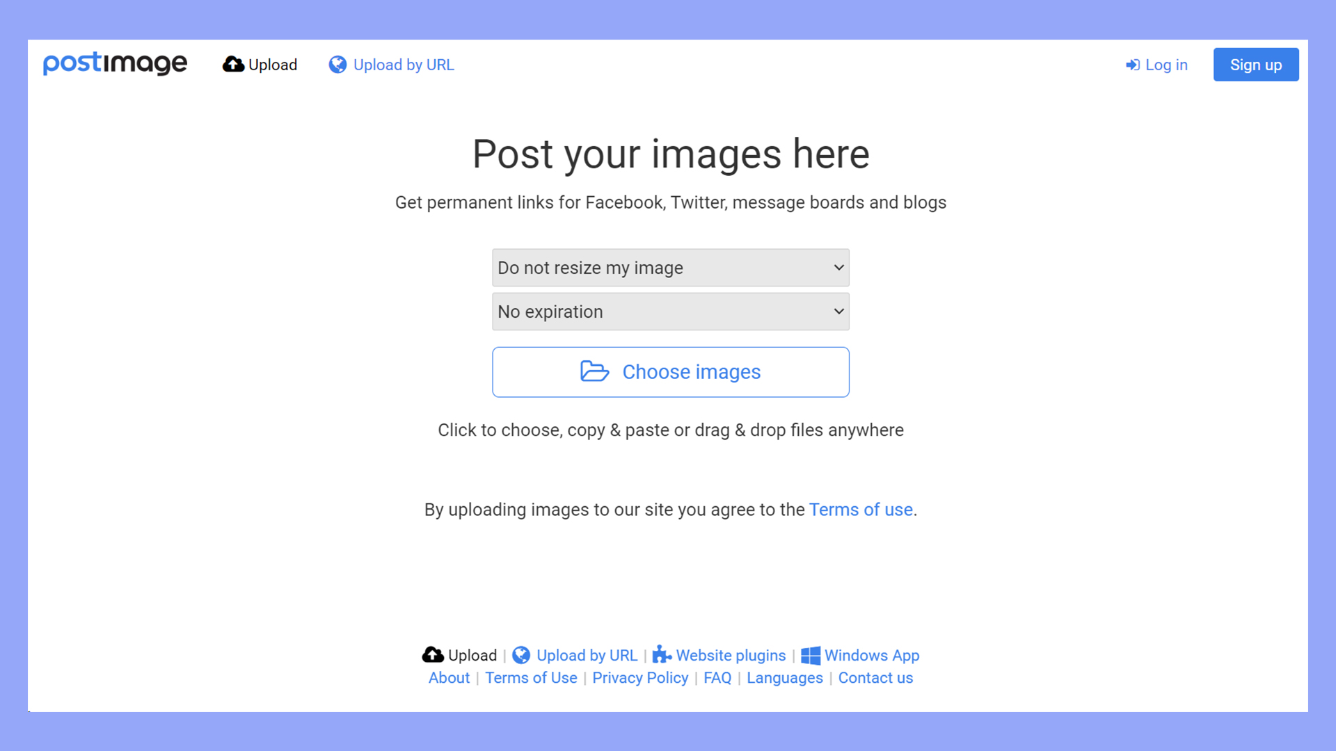 PostImage's home page displaying the image upload tool.