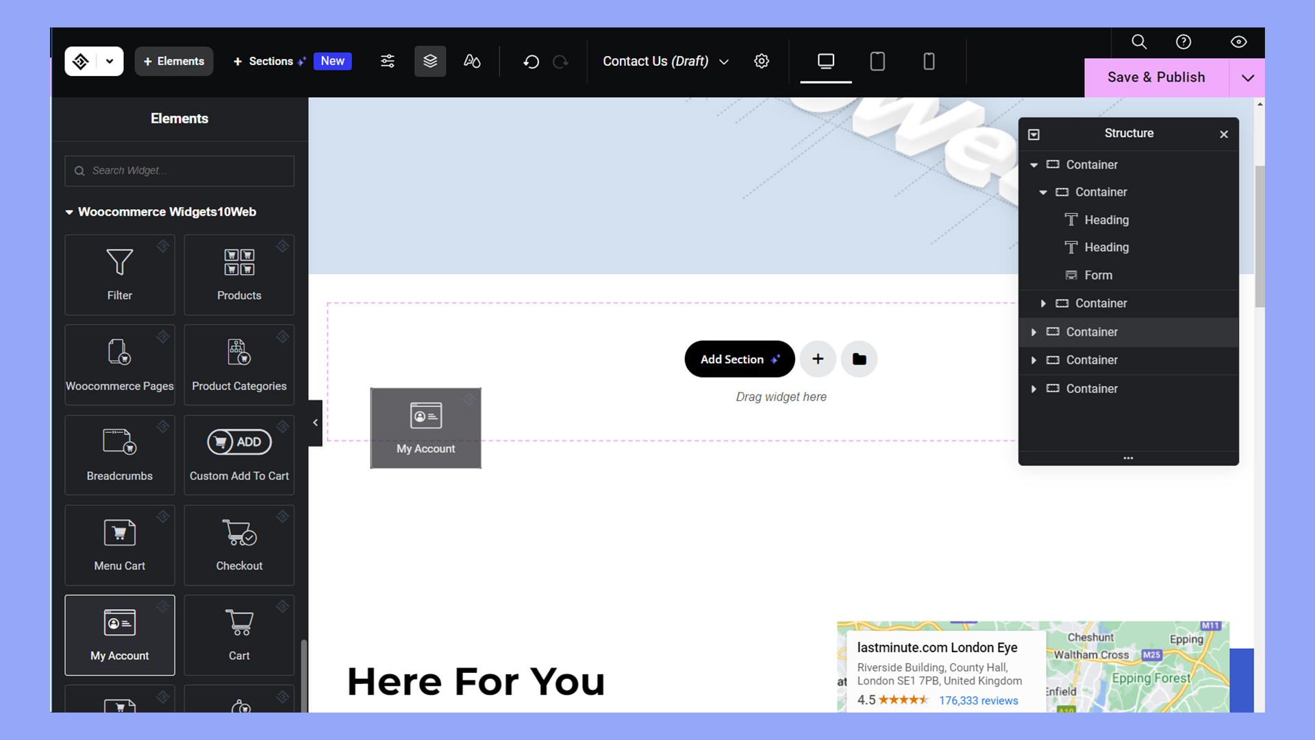 Using 10Web WooCommerce widgets to add ecommerce content or functionality to the page.
