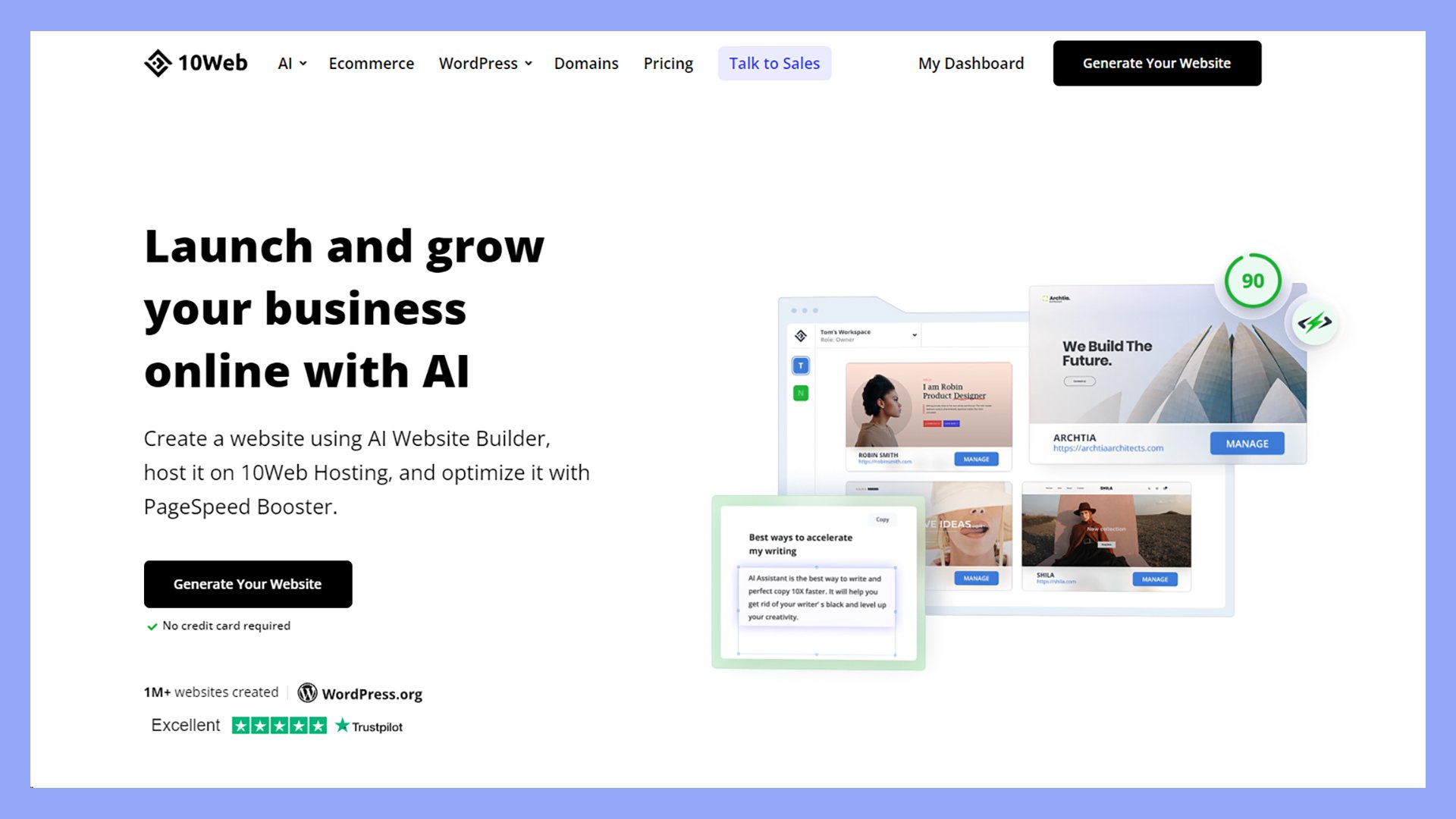 10Web's home page displaying the AI Website Builder's 'Generate your Website' button for beginners looking for easy to use hosting.