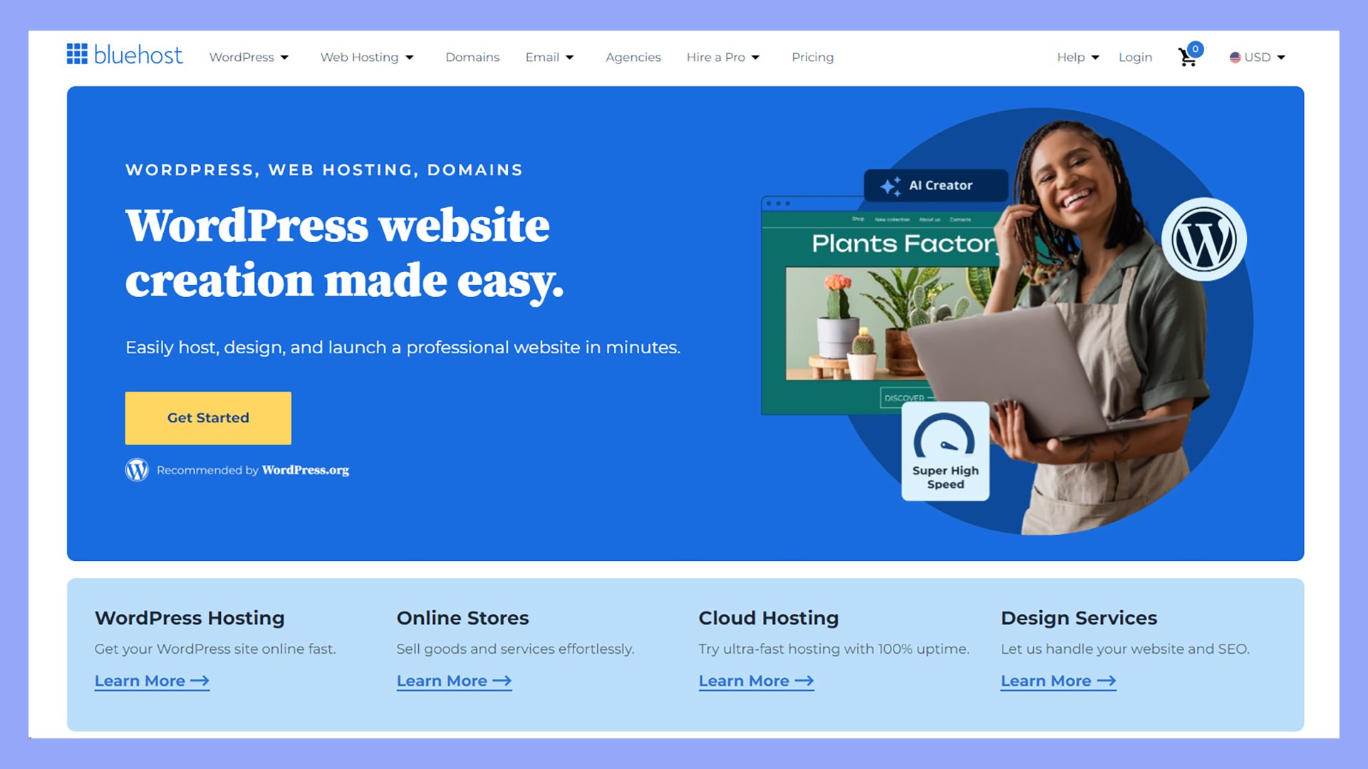 Bluehost's website displaying information about WordPress website creation, a beginner friendly hosting feature.