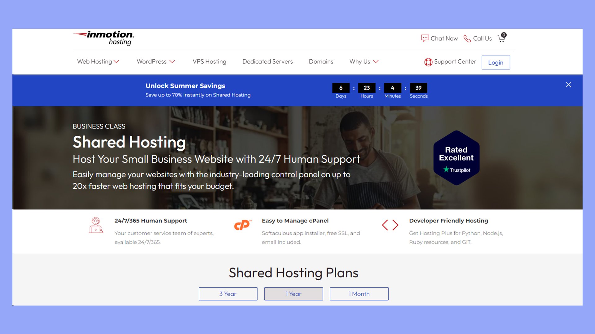 InMotion Hosting's shared hosting page.