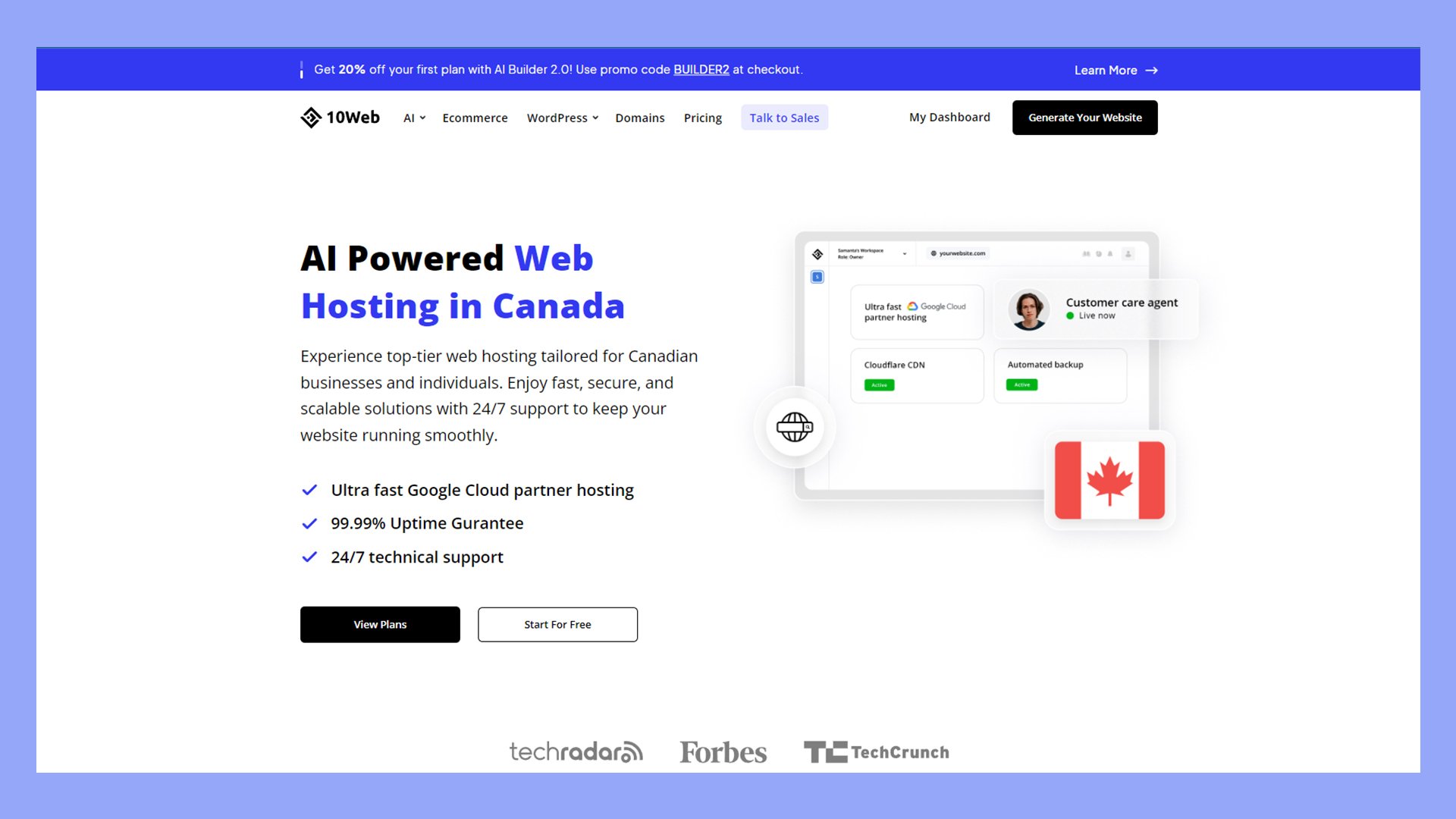10Web's page on AI powered web hosting in Canada.