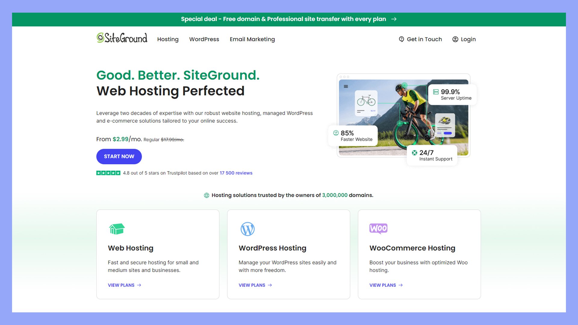 SiteGround's web hosting page.