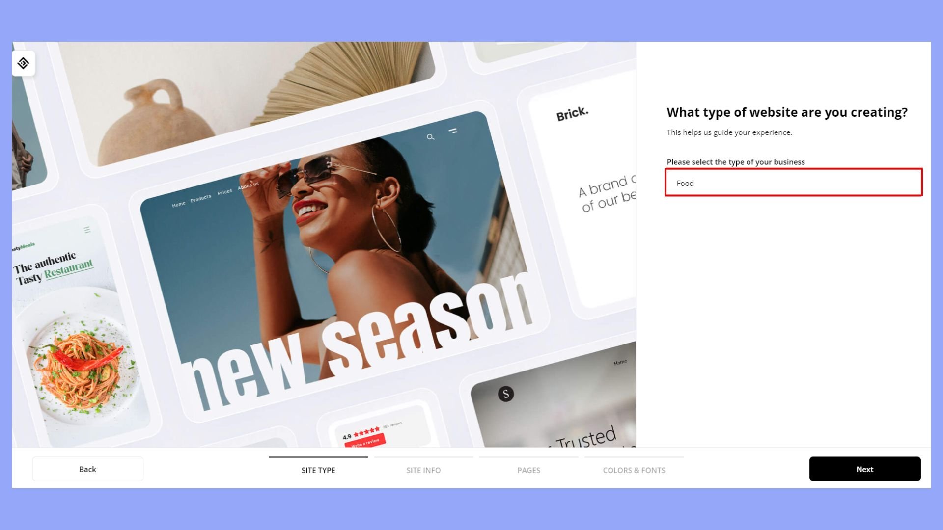 Choose the type of website you are creating, for example, food, then click Next.