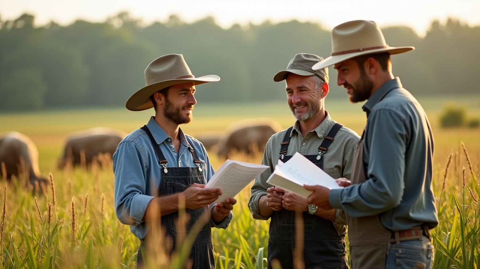 Farmers standing in a field, holding paperwork and discussing the farm business plan