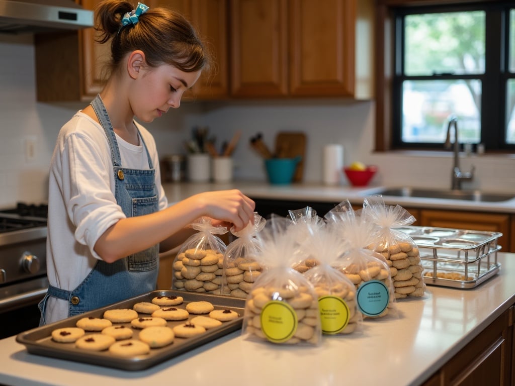 A teenager baking cookies in a kitchen, with trays of freshly baked cookies on the counter.