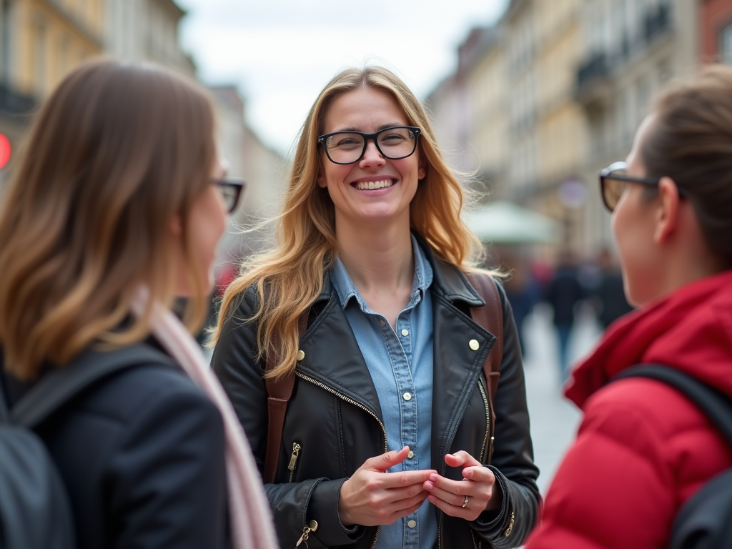 a tour guide with tourists in a city