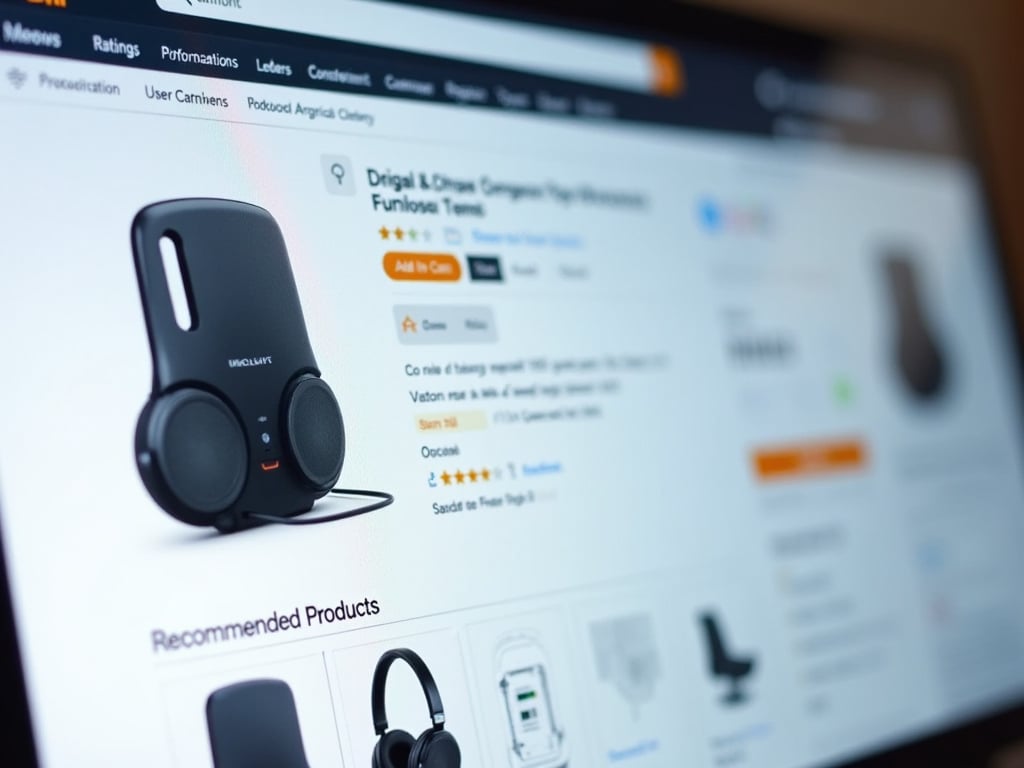 Close-up of a desktop screen showing a product page featuring a high-resolution product image, user ratings, and concise product description.