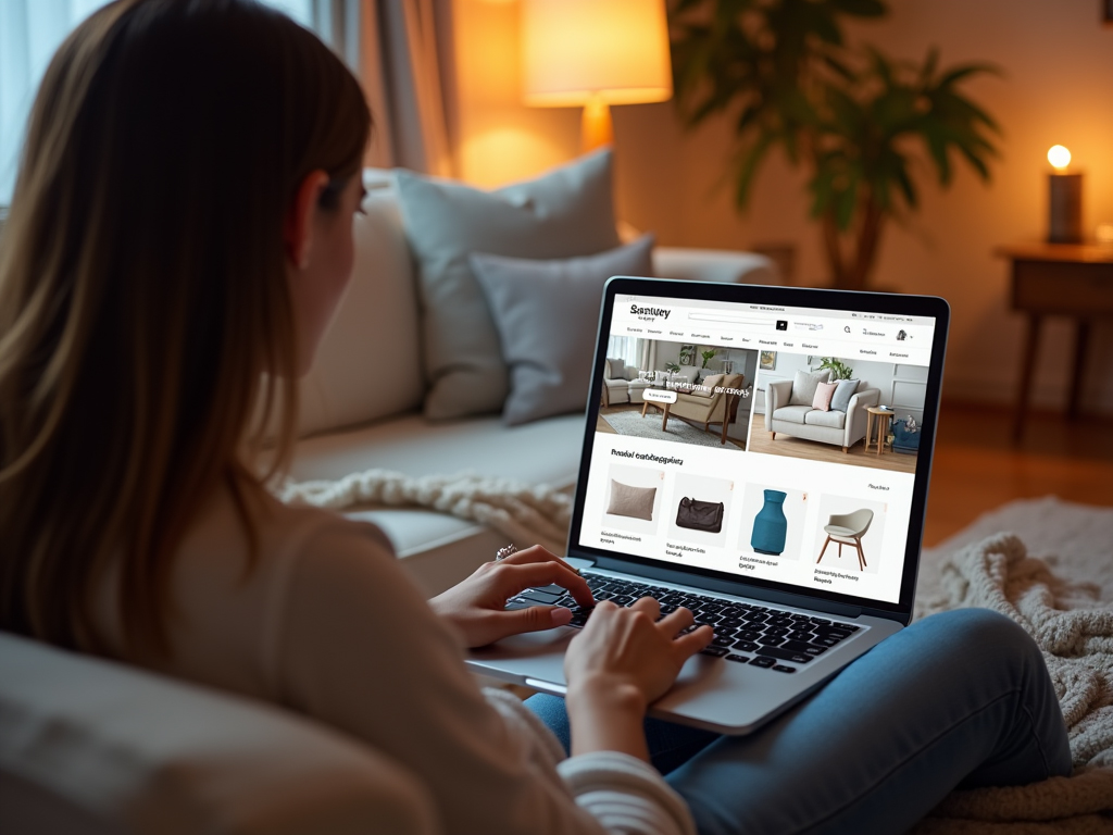 An ecommerce website interface showing a shopper navigating through product categories with a clean, well-organized menu on a laptop screen. The page highlights a variety of product categories with large, clear icons and a prominent search bar