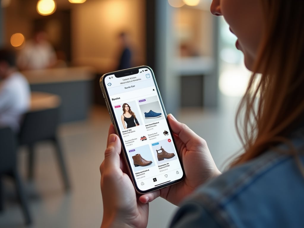 A person holding a smartphone in a casual shopping environment, looking at an ecommerce site with a mobile-optimized interface.