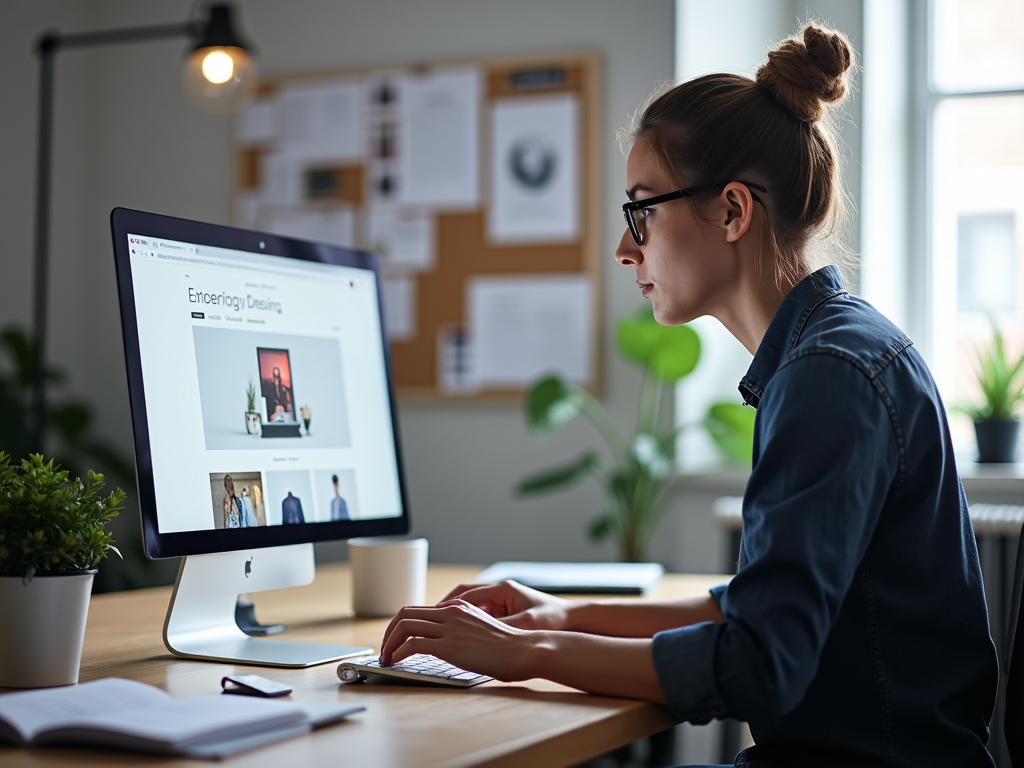 A professional web designer working in a modern office setting, focusing intently on a computer screen displaying an ecommerce site. The designerhas design tools, mood boards, and notes around their workspace, reflecting a creative yet professional environment.