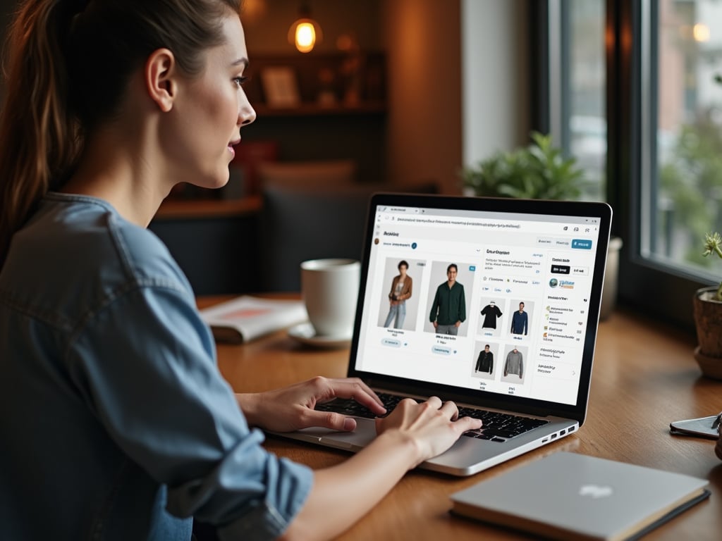 A small business owner sitting at a cozy home office or cafe, looking focused while working on a laptop. The laptop screen displays a drag-and-drop ecommerce builder with product images being uploaded or arranged.