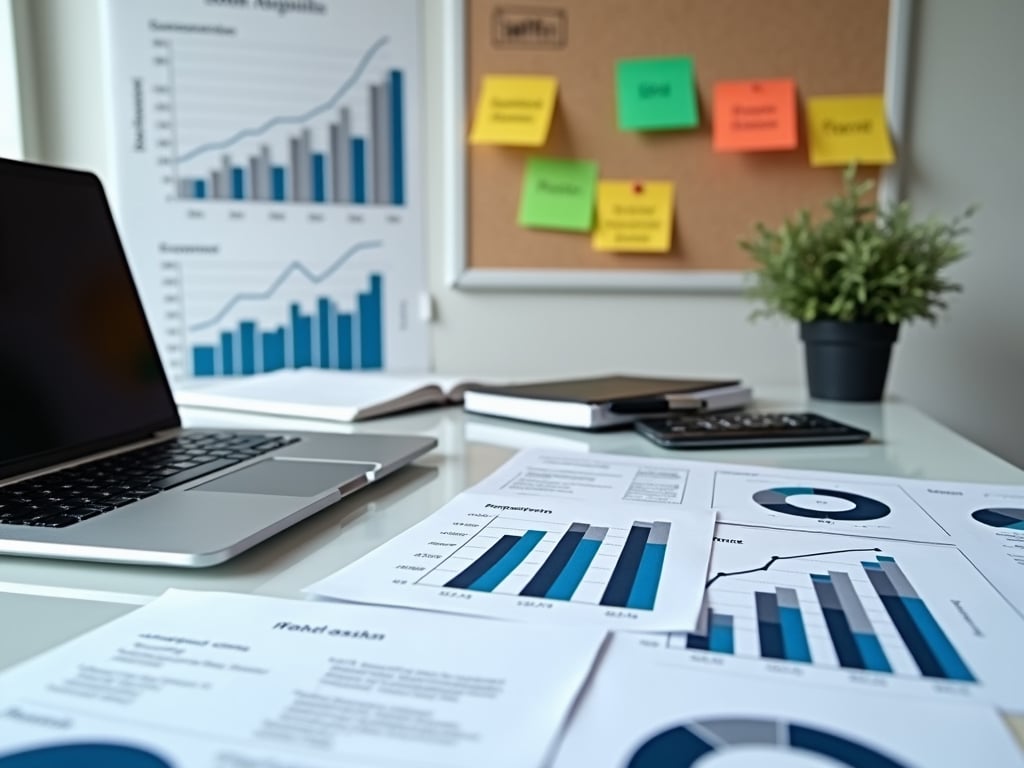 A desk filled with charts and data for creating a financial plan.