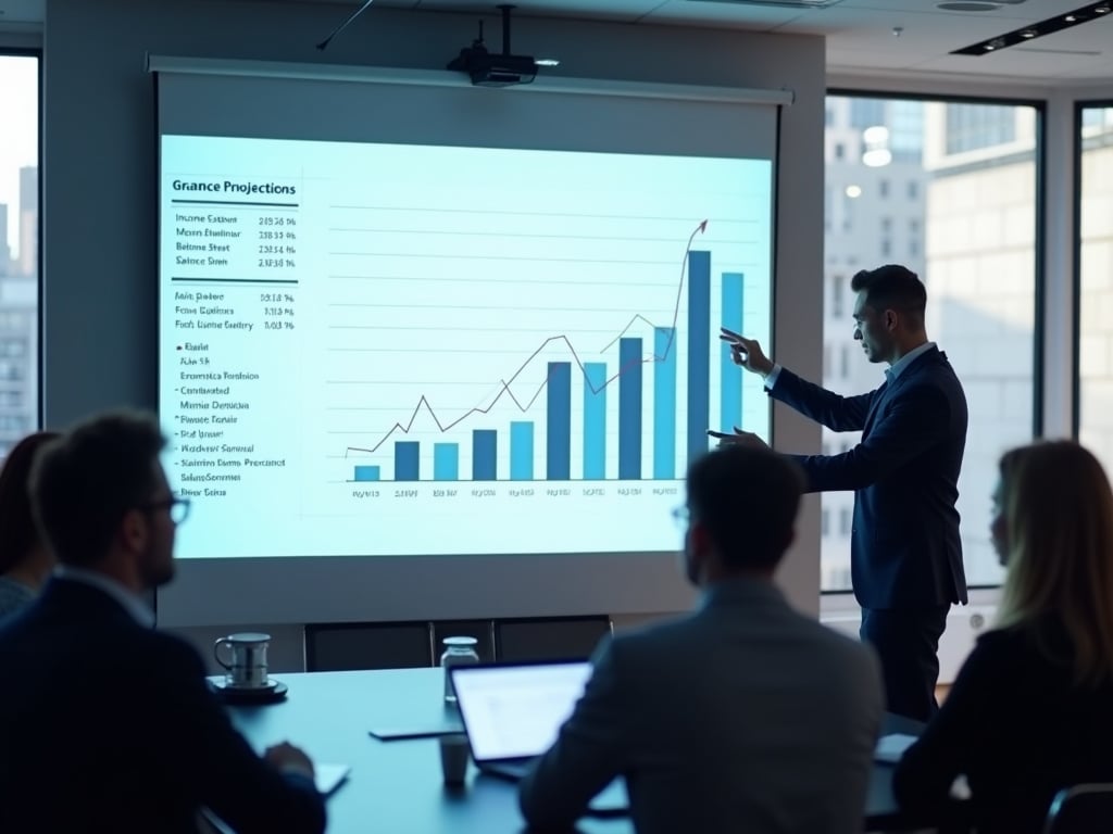 A person presenting data related to a financial plan in a business plan.