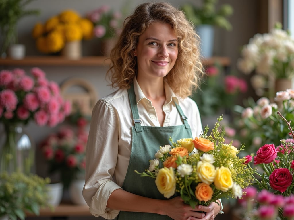 A local shop owner with a floral arrangement.