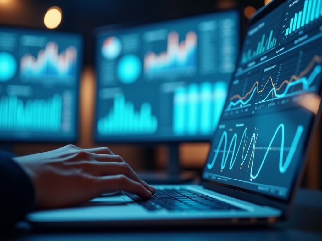 A close-up of hands typing on a laptop, with multiple screens showing marketing analytics, customer data charts, or segmentation dashboards for creating a gtm strategy.