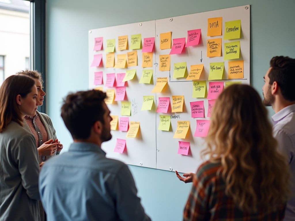 A brainstorming session where team members are using sticky notes on a wall or whiteboard, highlighting customer segments, pain points, and messaging strategies. This reflects the process of defining buyer personas and creating an Ideal Customer Profile (ICP) as part of the GTM strategy.