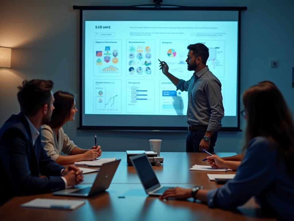 A group of business professionals from the sales and marketing departments having a meeting. One person is presenting KPIs or customer profiles on a projector, while others are taking notes.