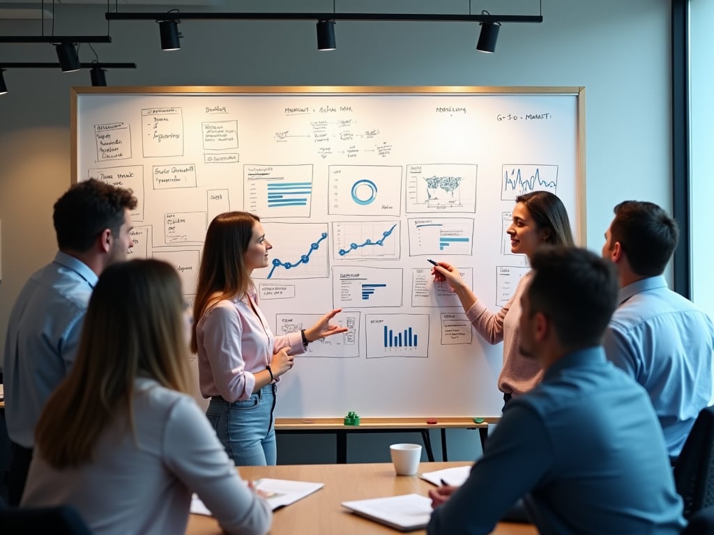 professional setting where an individual or small group is presenting a new product launch plan. The background includes a large board displaying graphs, timelines, or a product roadmap, symbolizing a well-structured GTM strategy.