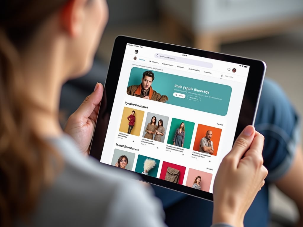A photo of a person shopping on a tablet, viewing a responsive ecommerce website. The site layout automatically adjusts to fit the tablet screen, showing product categories, clear buttons, and a smooth scroll, with vibrant product images arranged in a grid format.