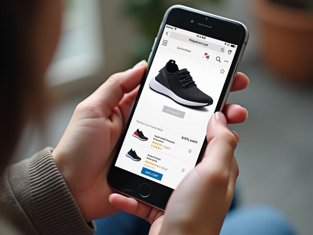 A close-up image of a person using a mobile device to shop for shoes online, with a product page displaying a high-resolution image of the shoes, details like size, color options, and an 'Add to Cart' button. Clear calls-to-action, customer reviews, and a quick-access menu enhance the shopping experience.