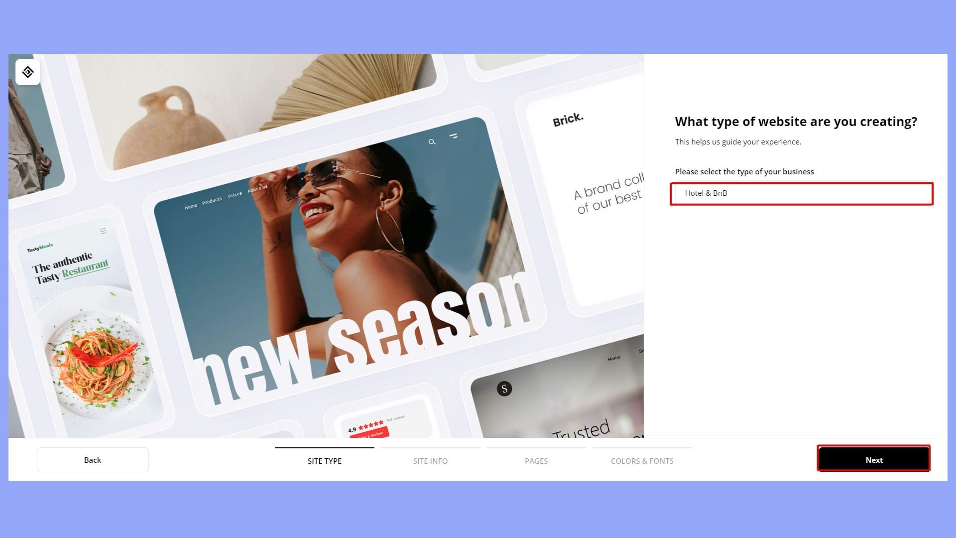 Choose the type of website you are creating, for example, food, then click Next