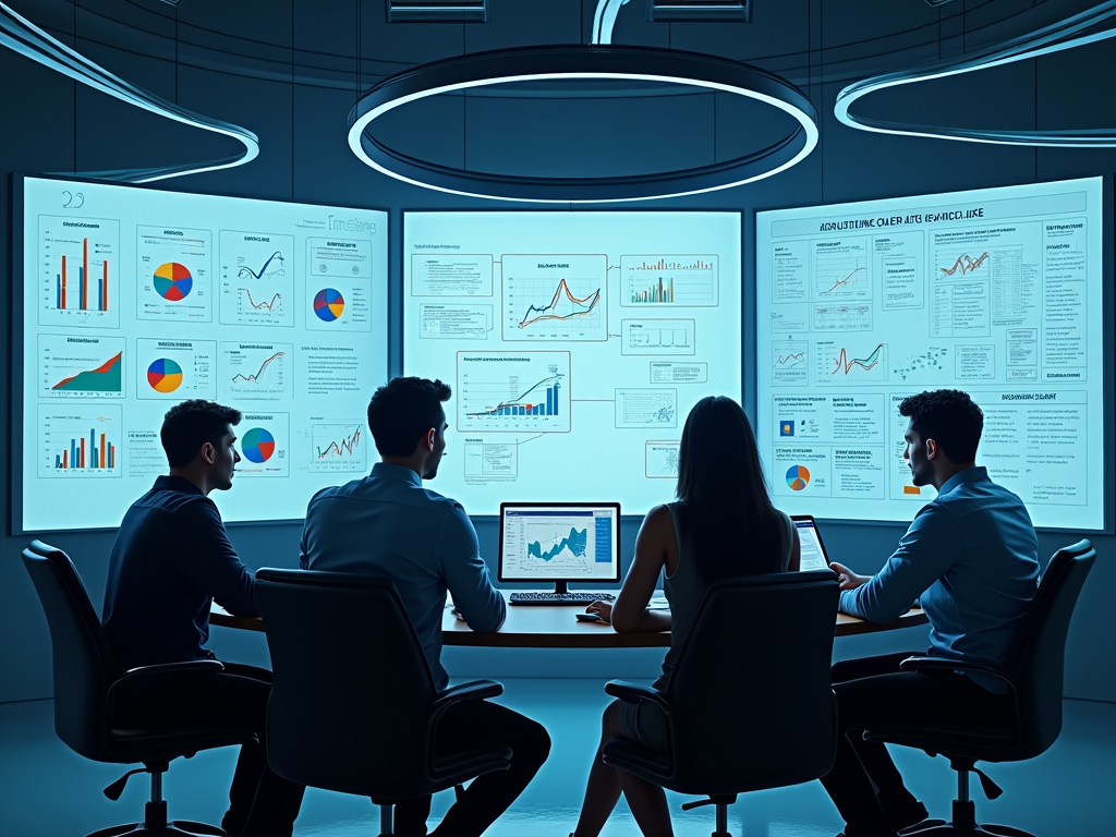 People at a product launch planning mettings surrounded by screens showing data and metrics.