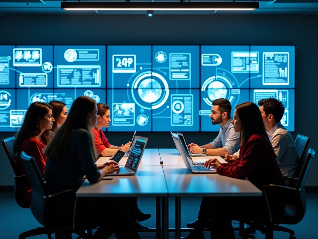 a diverse team is engaged in a product launch meeting. Multiple digital displays show real-time data, product prototypes, marketing plans, and launch timelines.